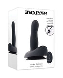 Come Closer Strap-On Vibrator with Remote Black packaging showcasing its design for G-spot stimulation.