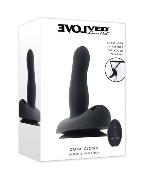 Come Closer Strap-On Vibrator with Remote Black packaging showcasing its design for G-spot stimulation.