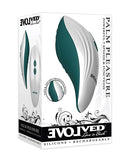 Evolved Palm Pleasure Thumping Vibrator Teal packaging showcasing its powerful features and ergonomic design.