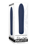 Evolved Straight Forward Vibrator Blue in sleek packaging, showcasing its modern design and silky-smooth body.
