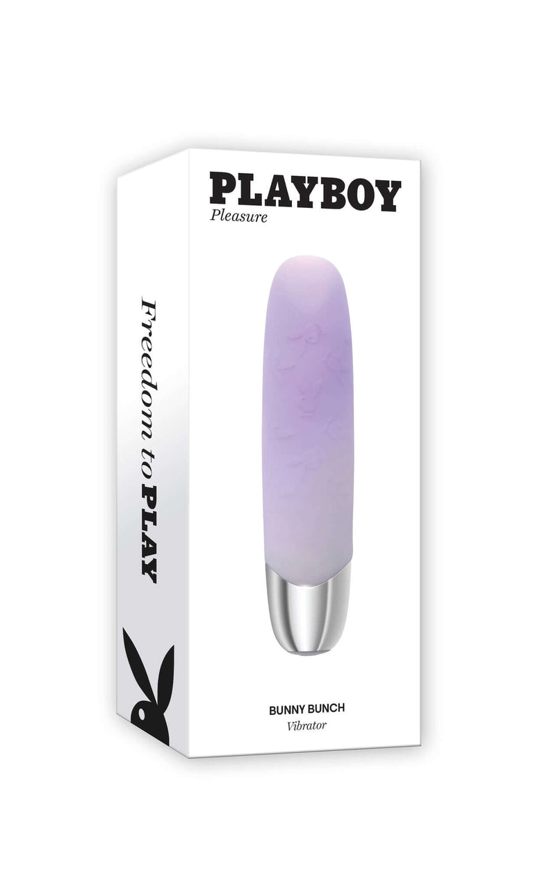 Playboy Bunny Bunch Purple Vibrator packaging featuring luxurious and stylish design for exquisite sensations.