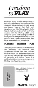 Product packaging for Playboy Bunny Bunch Purple Vibrator, highlighting its soft texture, dual-layered material, and multiple speeds and rhythms.