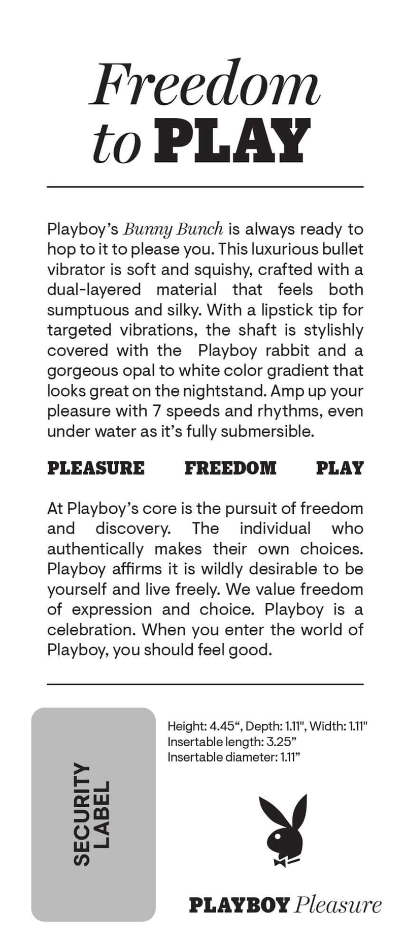 Product packaging for Playboy Bunny Bunch Purple Vibrator, highlighting its soft texture, dual-layered material, and multiple speeds and rhythms.