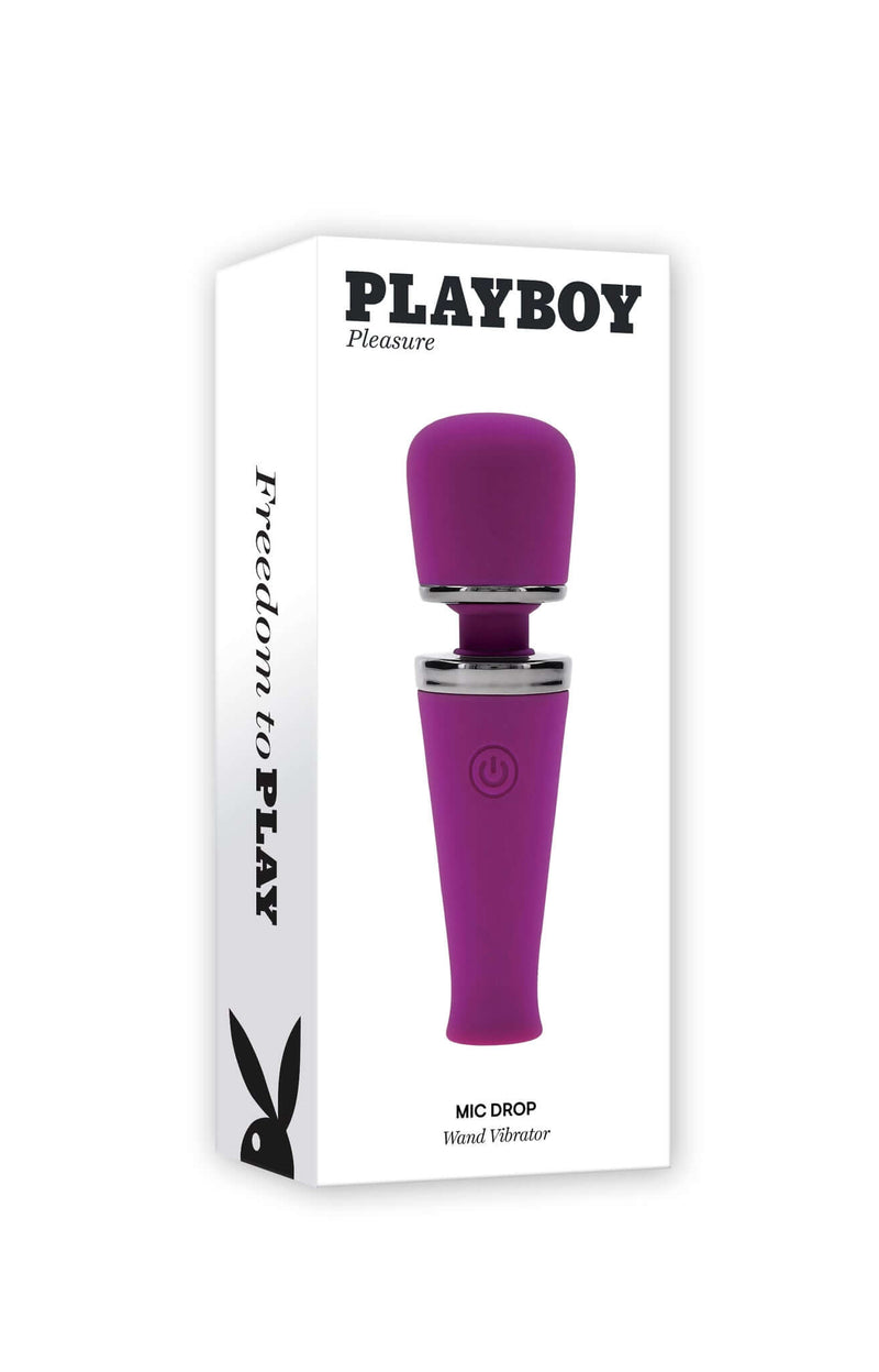 Playboy Mic Drop Massager in packaging with purple wand design and white box from Evolved Novelties.
