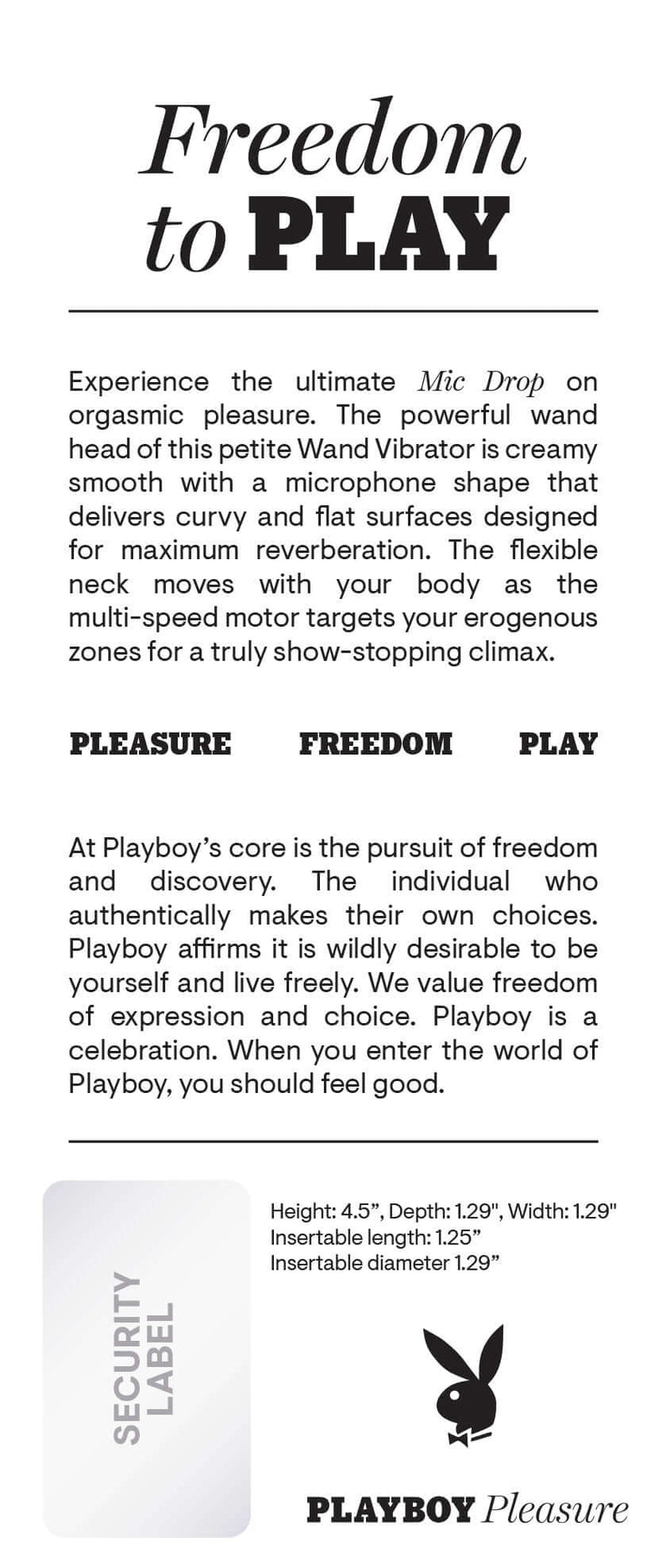 Playboy Mic Drop Massager packaging highlighting powerful wand vibrator features, freedom and pleasure focus text.