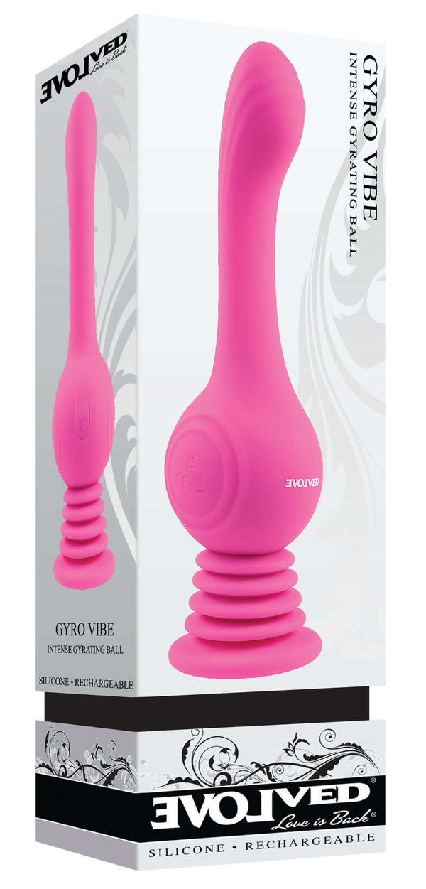 Evolved Gyro Vibe pink rechargeable silicone vibrator with suction cup, featuring textured shaft and spinning ball.