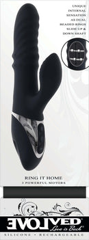 Evolved Ring It Home silicone vibrator with clitoral stimulator, featuring three powerful motors for dual sensation.
