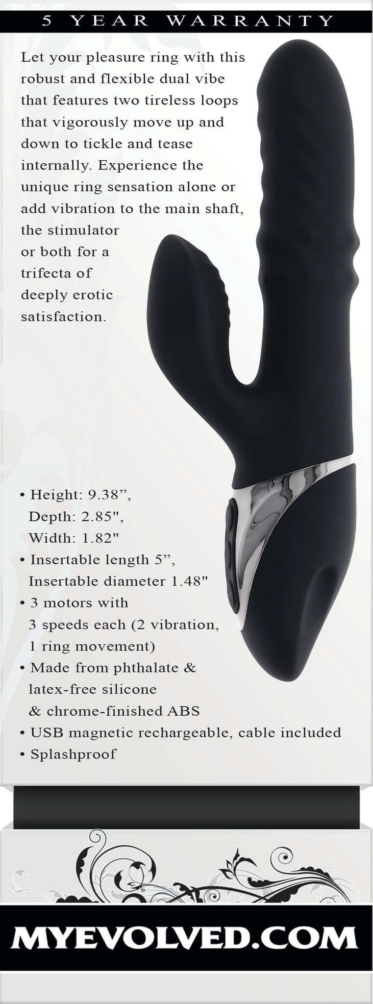 Ring it Home silicone rechargeable dual vibrator with clitoral stimulator, 9.38 inches, splashproof design.