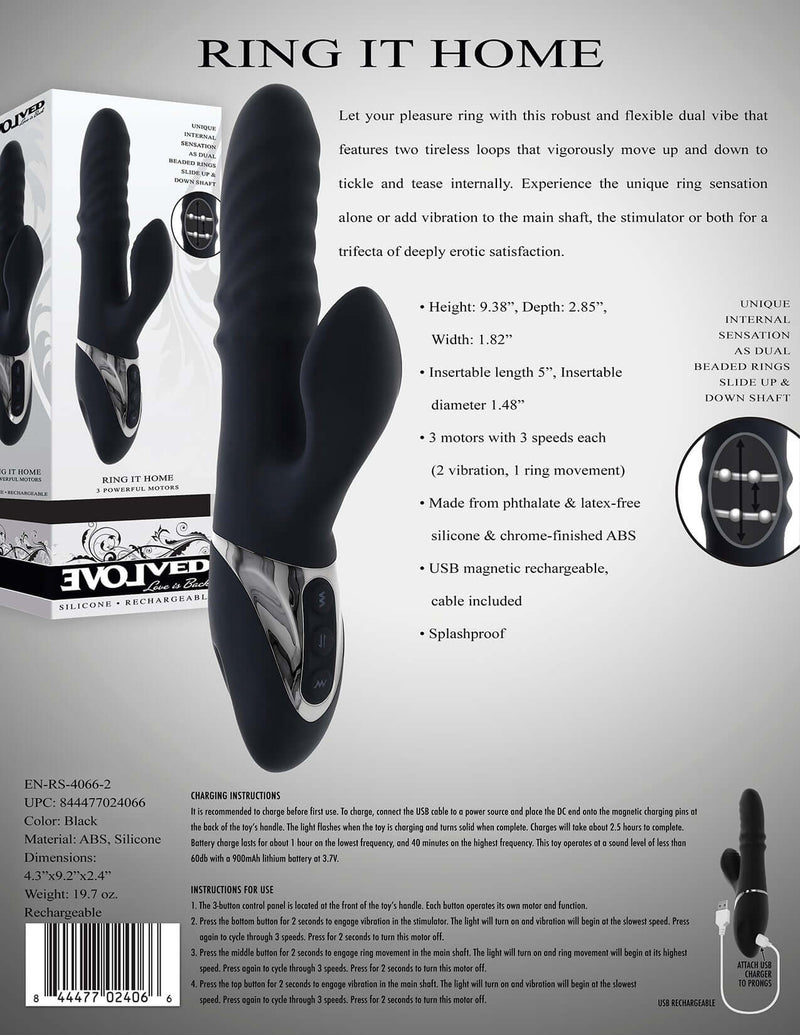 Evolved Ring It Home Silicone Rechargeable Vibrator with Clitoral Stimulator, 9.38x2.85 inches, features 3 speeds and dual vibration.