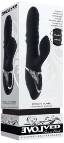 Evolved Ring It Home silicone rechargeable vibrator featuring dual motors and clitoral stimulator in black packaging.