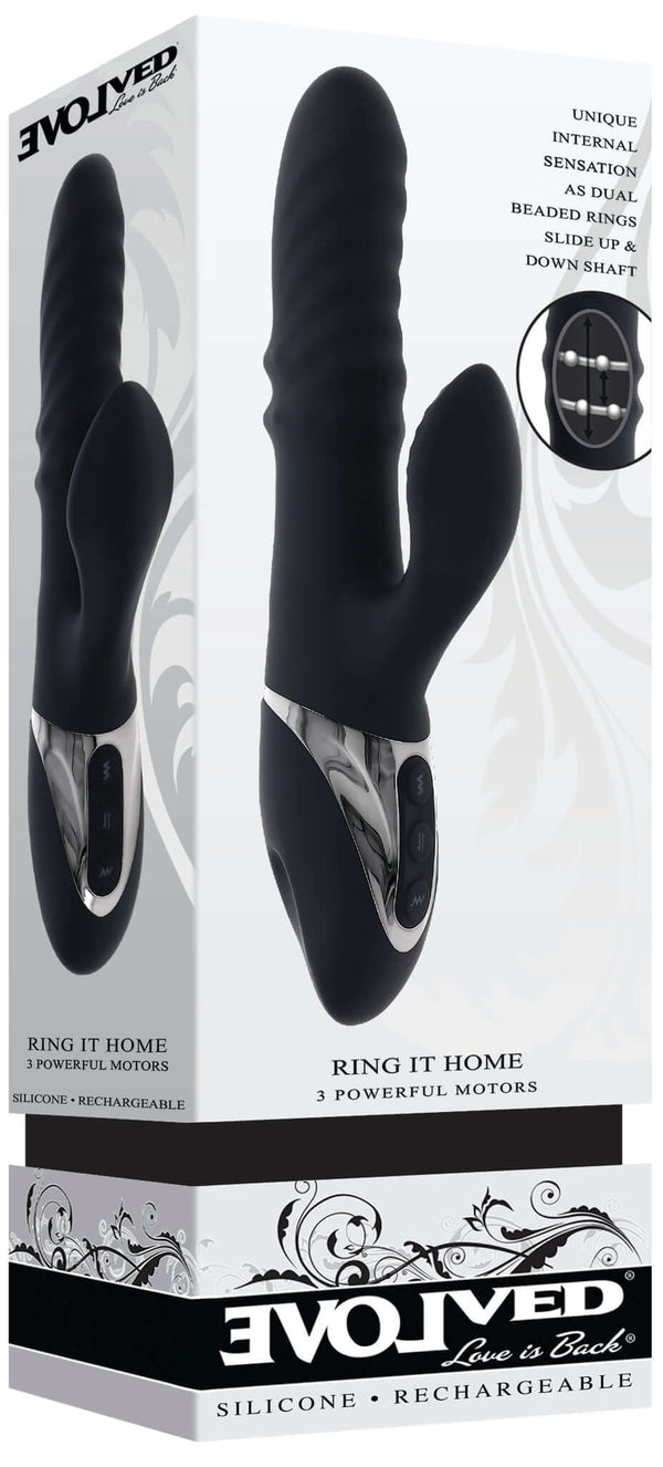 Evolved Ring It Home silicone rechargeable vibrator featuring dual motors and clitoral stimulator in black packaging.