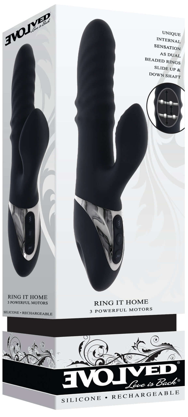 Evolved Ring It Home silicone rechargeable vibrator featuring dual motors and clitoral stimulator in black packaging.