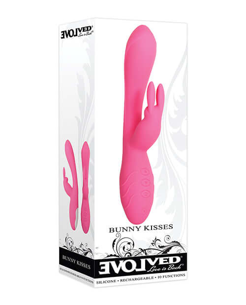 Evolved Bunny Kisses rechargeable silicone rabbit vibrator in pink packaging, designed for dual pleasure with customizable settings.