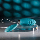 Evolved Oval Office remote control vibrating egg in teal color, shown on a clear stand with matching remote control, ideal for discreet pleasure.
