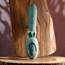 Poseable thrusting vibrator with rotating prongs on a wooden surface, perfect for intense stimulation and bending flexibility.