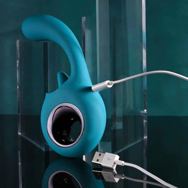 Evolved How Many Licks Vibrator with USB charging cable, featuring G-Spot and licking tongue stimulation for enhanced pleasure.