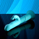 Blue Bunny Hop rechargeable silicone rabbit vibrator with thrusting feature and suction cup base.