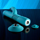 Bunny Hop rechargeable silicone rabbit vibrator in blue with suction cup base and detail parts on mirror surface.