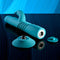 Bunny Hop rechargeable silicone rabbit vibrator in blue with suction cup base and detail parts on mirror surface.