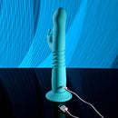 Bunny Hop Rechargeable Silicone Throbbing Rabbit Vibrator in blue with USB charger and suction cup base.