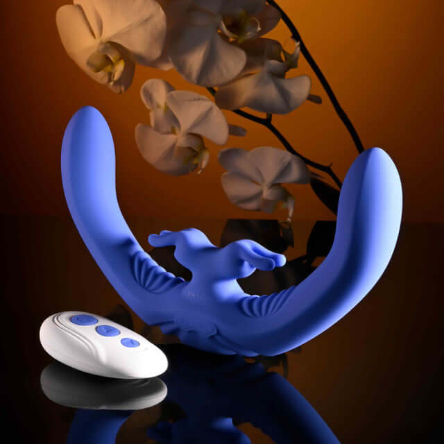 Lovebirds rechargeable silicone dual vibrator in blue with remote control, featuring curved design and rabbit stimulator.