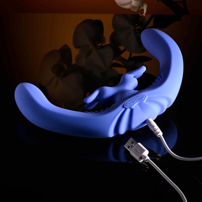 Lovebirds Blue Rechargeable Silicone Dual Vibrator with Remote, featuring dual ends and USB charging.