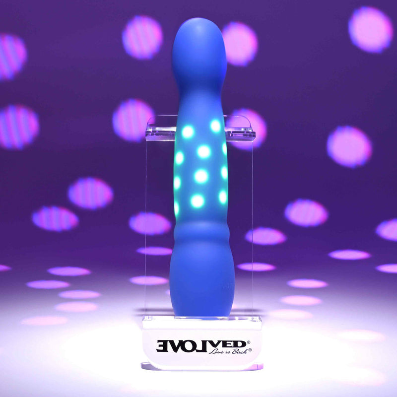Disco Diva Rechargeable Silicone Vibrator Blue with LED lights on display