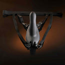 Come Closer Strap-On Vibrator with Remote Black on harness, showcasing sleek design and adjustable straps.