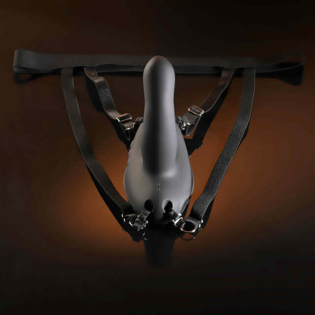 Come Closer Strap-On Vibrator with Remote Black on harness, showcasing sleek design and adjustable straps.