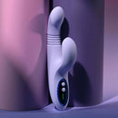 Pep Talk Rechargeable Silicone Rabbit Vibrator Purple leaning against textured purple surfaces.