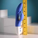 Funny Bunny Rechargeable Silicone Rabbit Vibrator Blue next to a measuring tape for size reference.