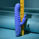 Knock Knock Rechargeable Silicone Rabbit Vibrator Blue next to a measuring tape for size reference.
