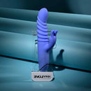 Knock Knock Rechargeable Silicone Rabbit Vibrator Blue displayed against a soft blue background, showcasing its ribbed design.