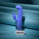 Knock Knock Rechargeable Silicone Rabbit Vibrator Blue displayed against a smooth blue backdrop.