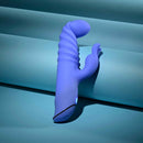 Knock Knock Rechargeable Silicone Rabbit Vibrator Blue on a soft blue background, showcasing its unique design and features.
