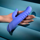 Knock Knock Rechargeable Silicone Rabbit Vibrator Blue displayed on a hand, showcasing its ribbed shaft and ergonomic design.