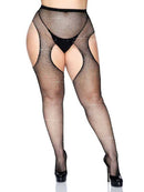 Casey Rhinestone Fishnet Suspender Pantyhose Queen Black worn by a curvy model with high heels.