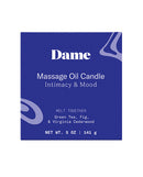 Dame Massage Oil Candle Melt Together packaging featuring Intimacy & Mood, with Green Tea, Fig, and Virginia Cedarwood.