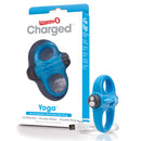 Screaming O Charged Yoga Rechargeable Vibe Ring Blue with USB charging cable in packaging.