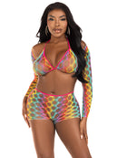 Leg Avenue 3 Pc Net Bra Top With Shrug and Boy Shorts model showcasing a colorful lingerie set.