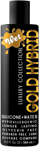 Wet Gold Hybrid Water Silicone Blend Lubricant 9 Fl Oz bottle with hypoallergenic label and luxurious design.