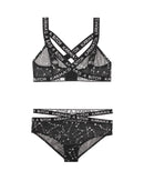 Karma's a Bitch Bralette and Cutout Panty Set Black M L featuring metallic mesh and caged design.