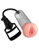 Pump Worx Fanta Flesh Pussy Penis Pump Clear and Vanilla with EZ-grip handle and vacuum cylinder.