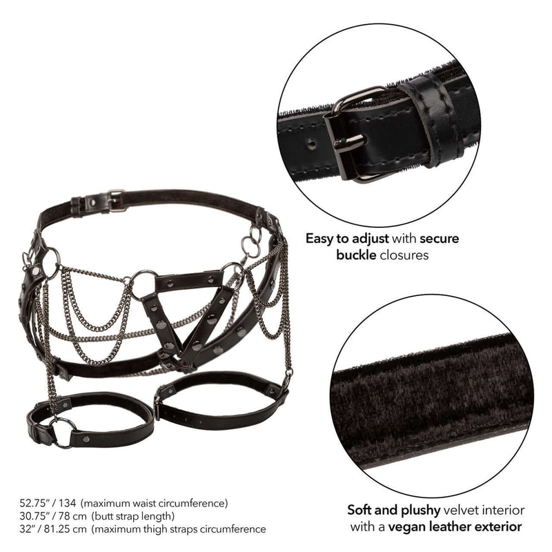 Euphoria Plus Size Thigh Harness with Chains, adjustable vegan leather and plush velvet lining, secure buckle closures and detailed measurements