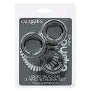 Alpha Liquid Silicone 3 Ring Stamina Set Black packaging featuring three versatile rings for enhanced performance.