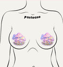 Pastel Celestial Fairycore Mushroom Breast Pasties displayed on a body silhouette with whimsical mushroom designs.