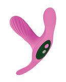 Femme Funn Ossia Wearable Vibrator Pink displayed at an angle, featuring a sleek design and remote control buttons.