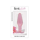 First Glass Trei Anal Plug Pink 3.5 inches displayed in packaging with pink floral accents.