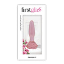 First Glass Pink Rose Butt Plug 5 inches in packaging, showcasing its elegant design and smooth borosilicate glass.