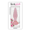 First Glass Pink Rose Butt Plug 6 inches elegantly displayed in packaging with floral design.